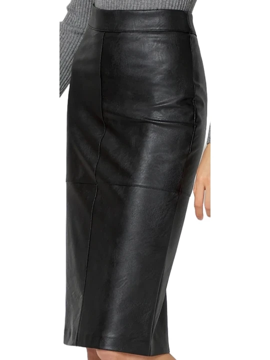 Black Leather Straight Midi Skirt
