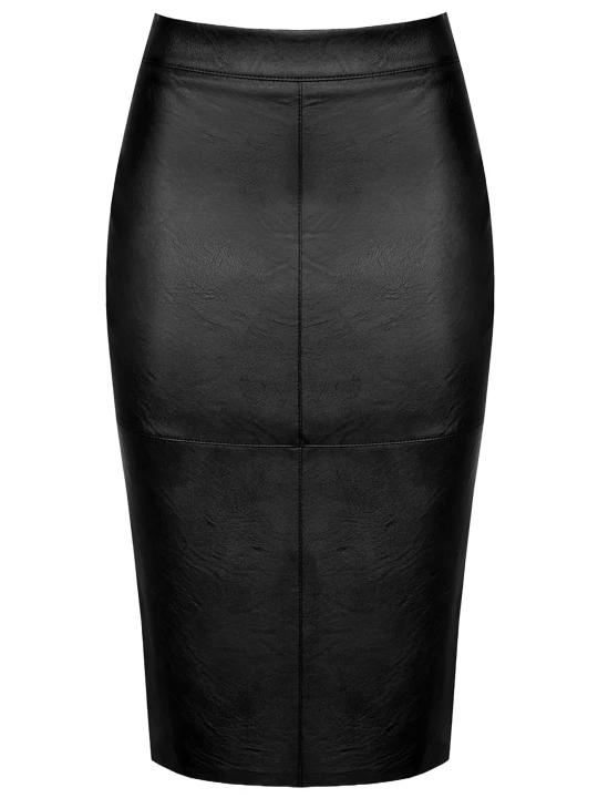 Black Leather Straight Midi Skirt