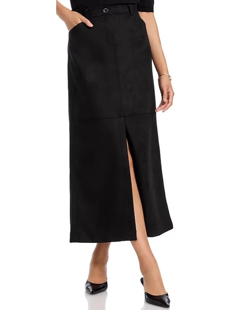 Black Suede Leather A Line Maxi Skirt