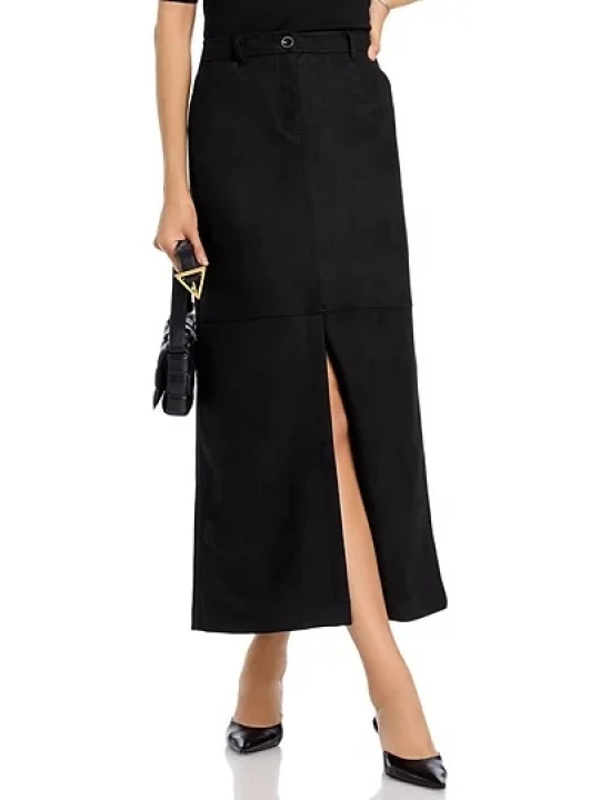 Black Suede Leather A Line Maxi Skirt