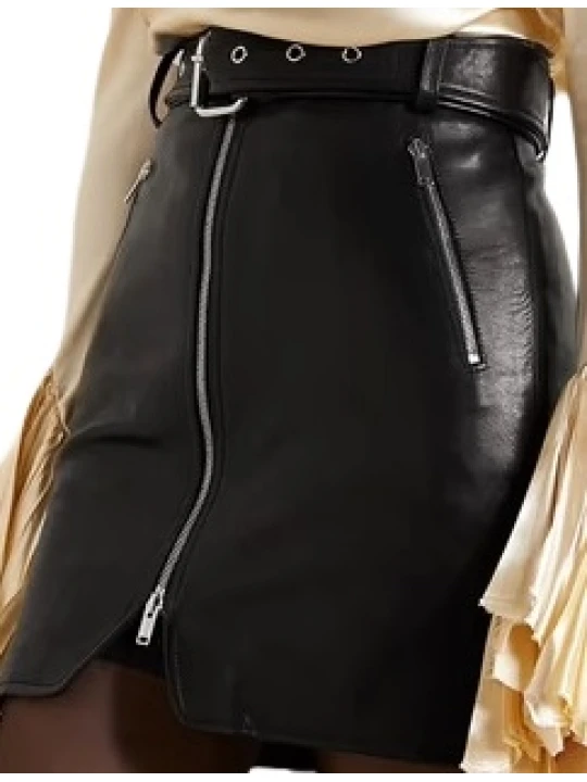 Black Zip Belted Leather Skirt