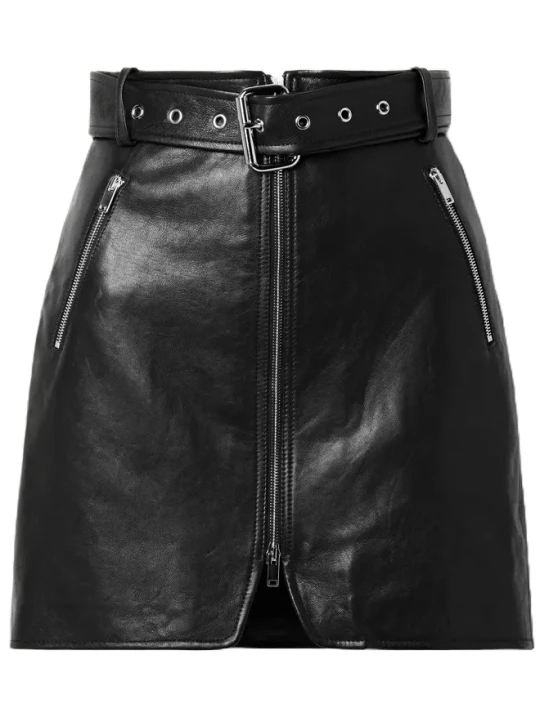 Black Zip Belted Leather Skirt