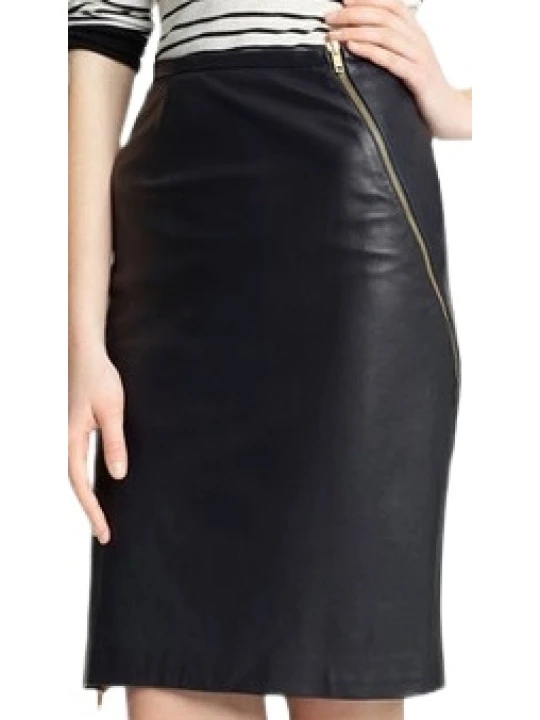 Cross side Zip Black Leather Skirt