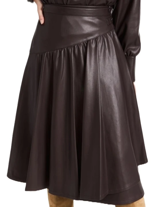 Dark Brown Leather Wrap Skirt Midi