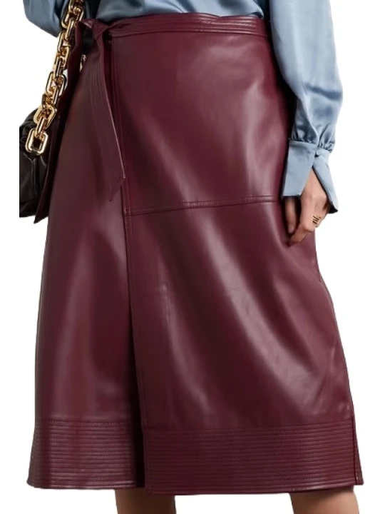Draped Burgundy Leather Midi Skirt
