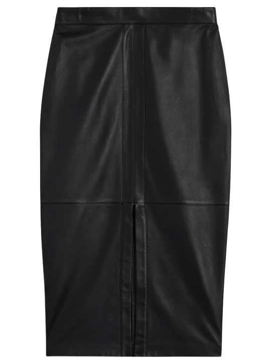 Front Cut Black Leather Skirt