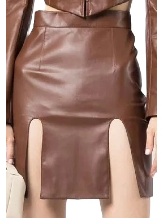 Front Slit Brown Leather Skirt