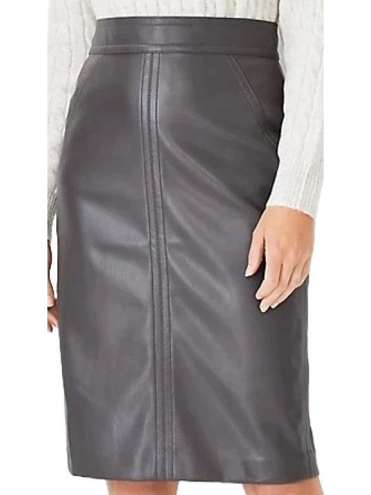 Grey Knee Length Leather Skirt