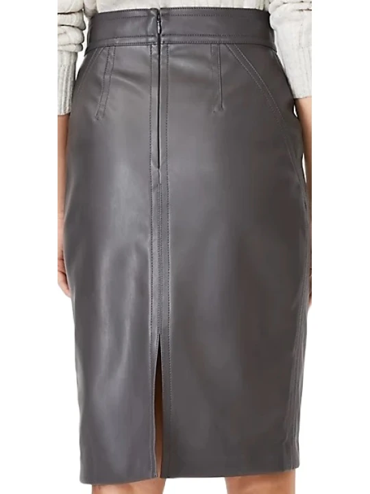 Grey Knee Length Leather Skirt