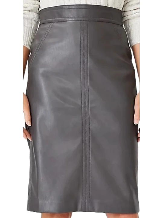 Grey Knee Length Leather Skirt