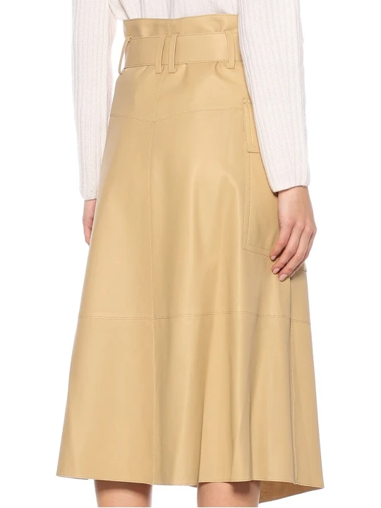High Rise Beige Leather Wrap Midi Skirt