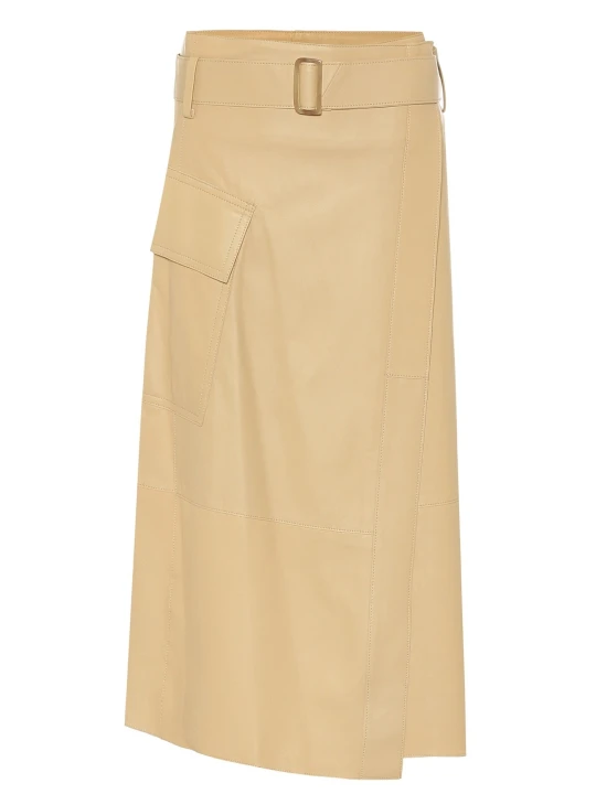 High Rise Beige Leather Wrap Midi Skirt