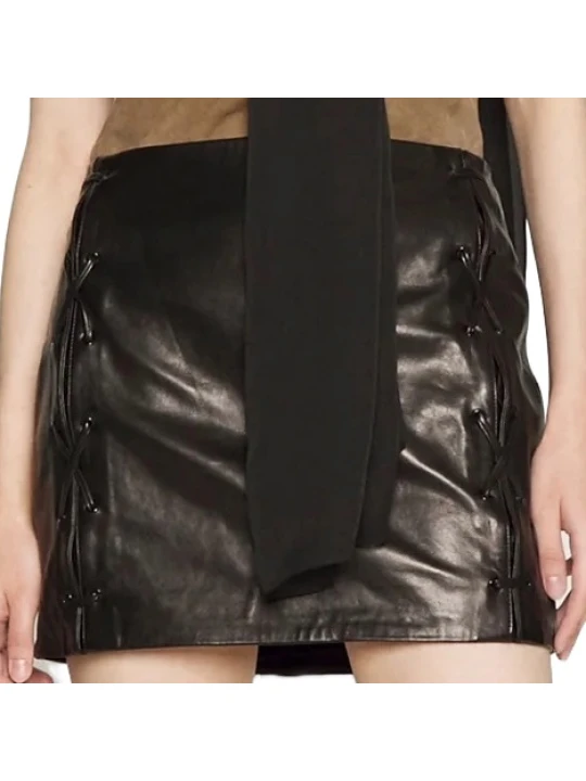 Lace Up Black Leather Short Skirt