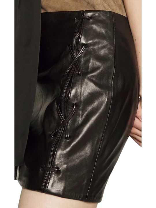 Lace Up Black Leather Short Skirt