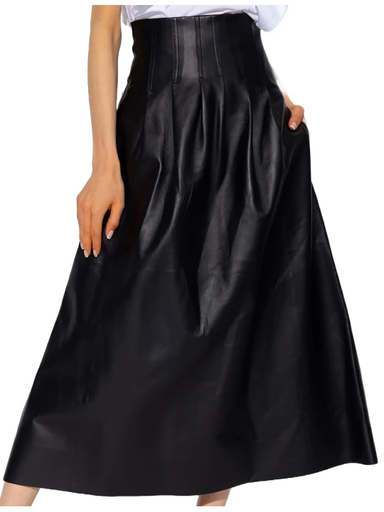 Leather Midi High Waisted Skirt Black