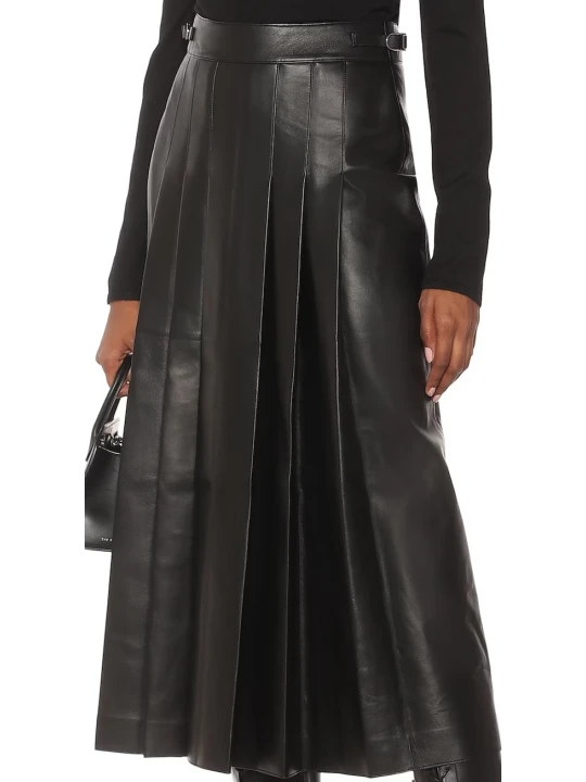 Leather Pleated Black Midi Skirt