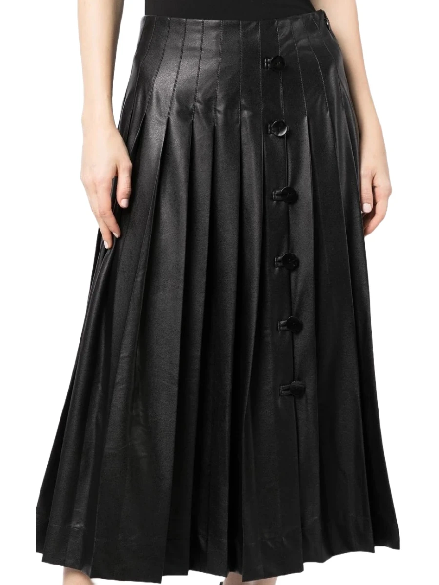 Leather Pleated Long Skirt Black