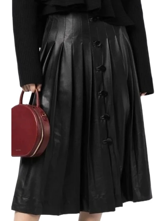 Leather Pleated Long Skirt Black