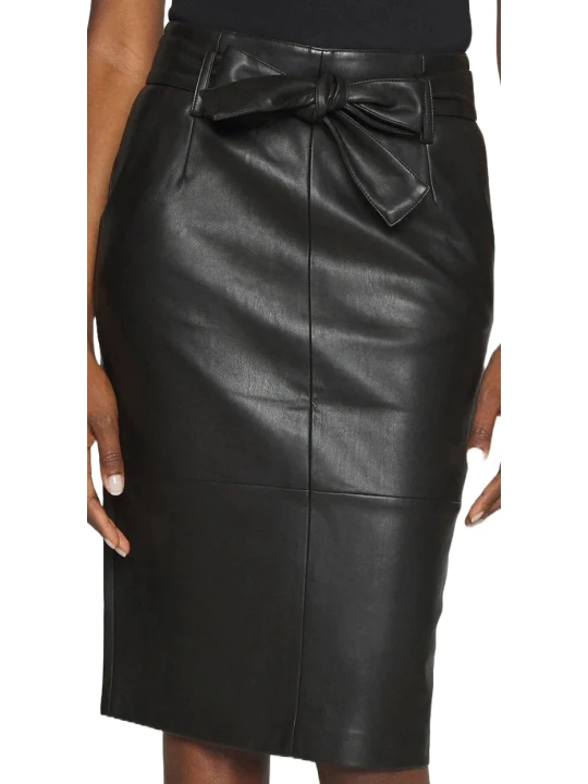 Long Belted Black Leather Skirt