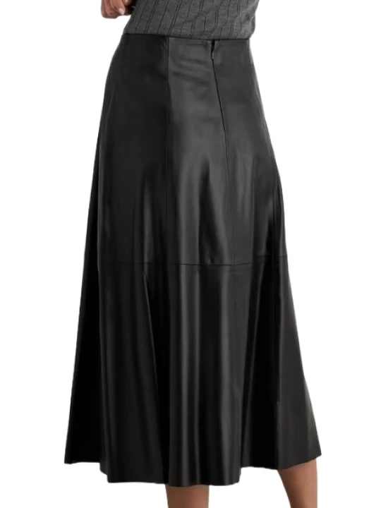 Mid Length Black Leather Skirt