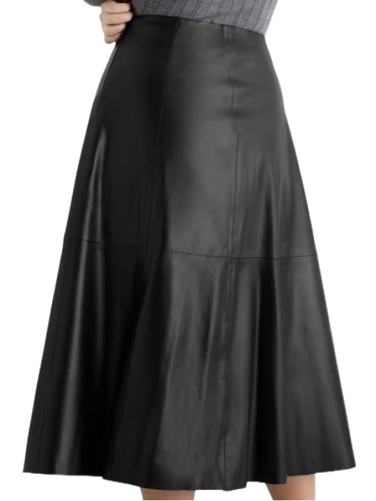 Mid Length Black Leather Skirt