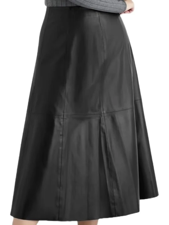 Mid Length Black Leather Skirt