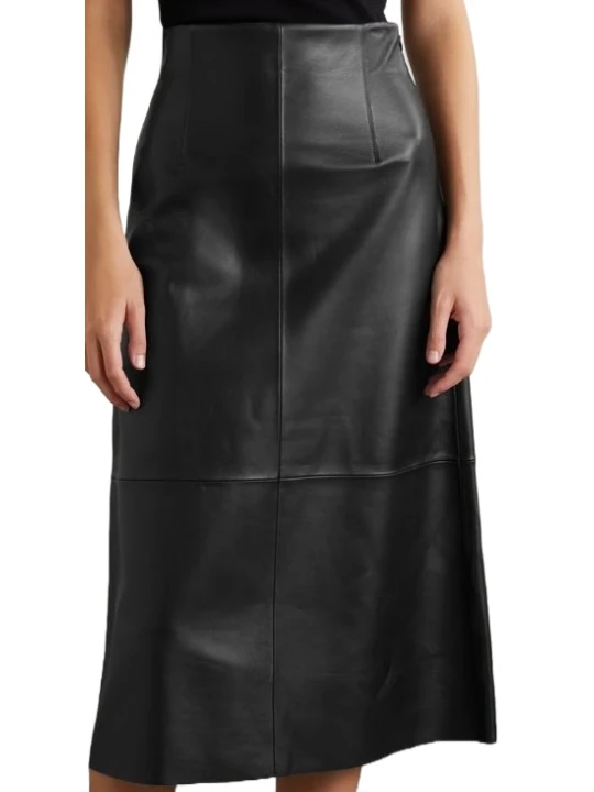 Midi A Line Leather Skirt Black