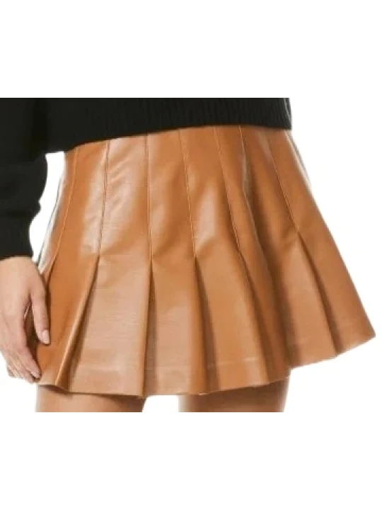Pleated Brown Mini Skirt Leather