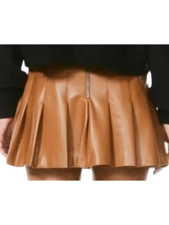 Pleated Brown Mini Skirt Leather