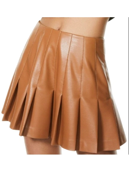 Pleated Brown Mini Skirt Leather