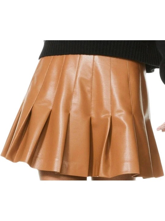 Pleated Brown Mini Skirt Leather