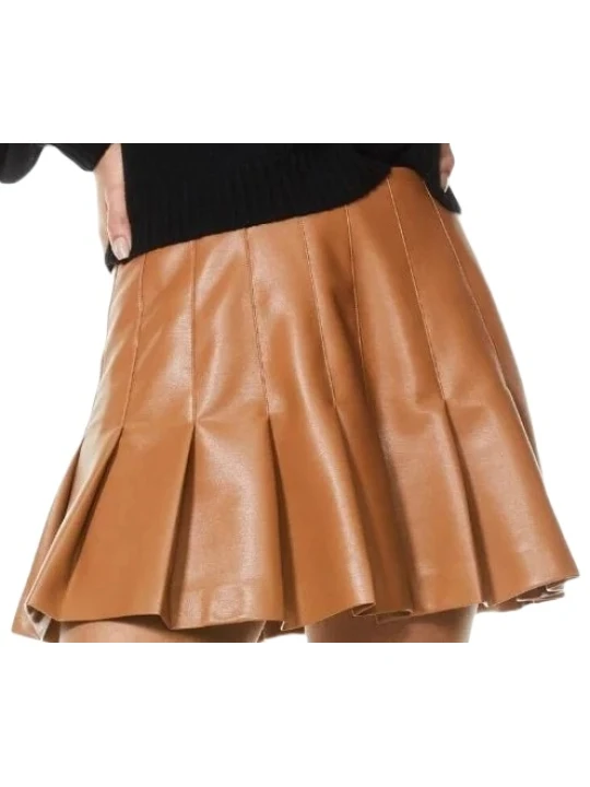 Pleated Brown Mini Skirt Leather