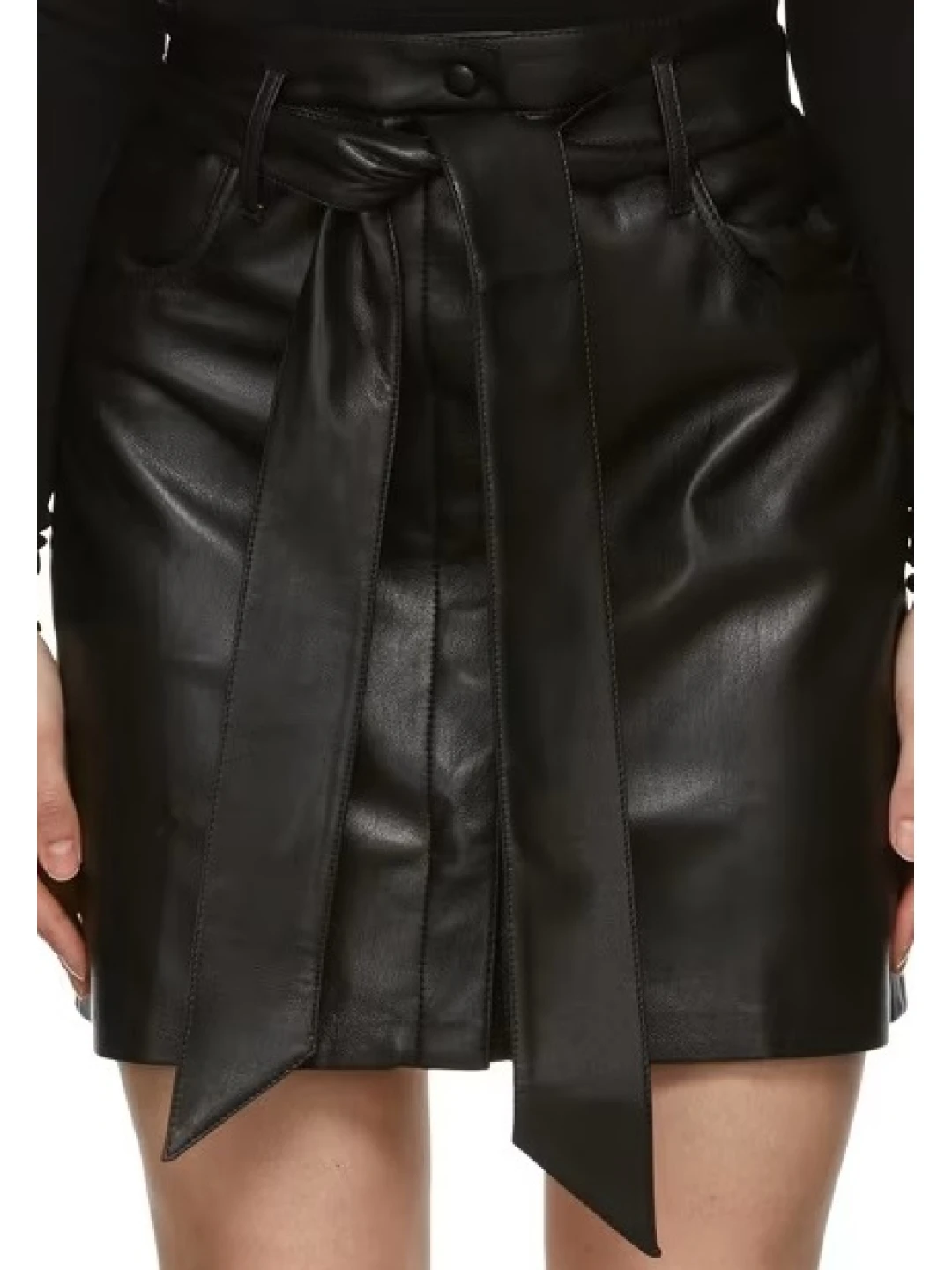 Self Tie Belt Black Mini Leather Skirt