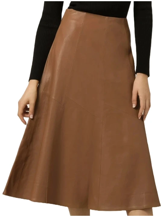Stylish Brown Leather Midi Skirt