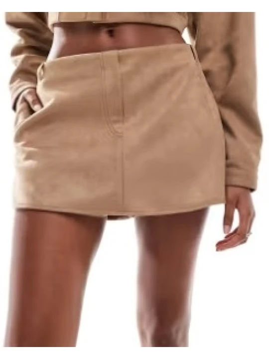 Suede Leather Beige Mini Skirt With Side Pockets