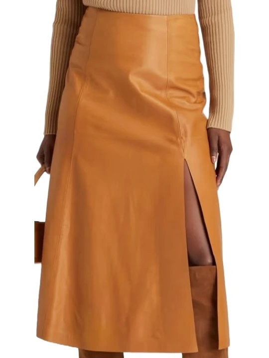 Tan Leather Skirts Side Slit