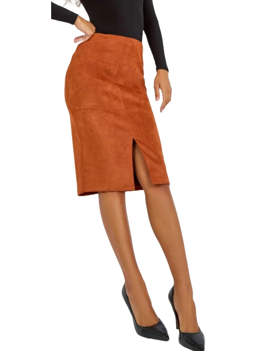 Tan Suede Leather Pencil Skirt