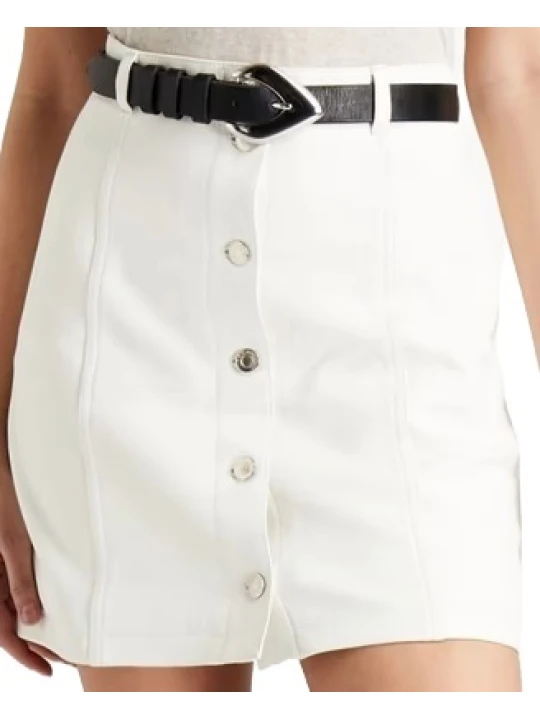 White Leather Button Mini Skirt