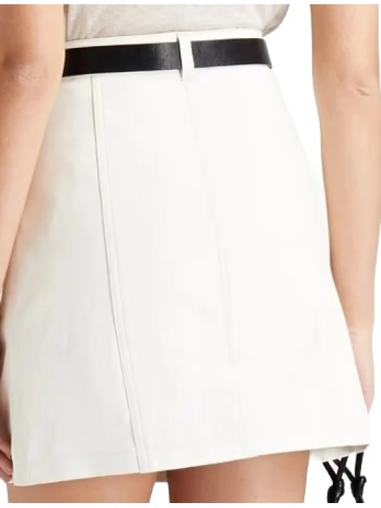White Leather Button Mini Skirt