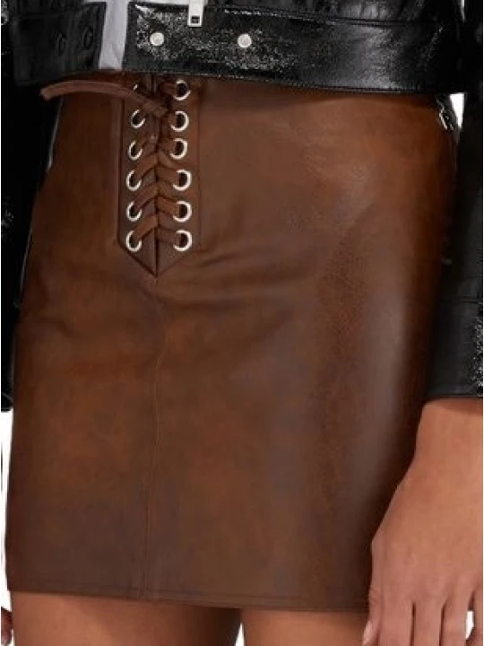Women Brown Leather Mini Skirt