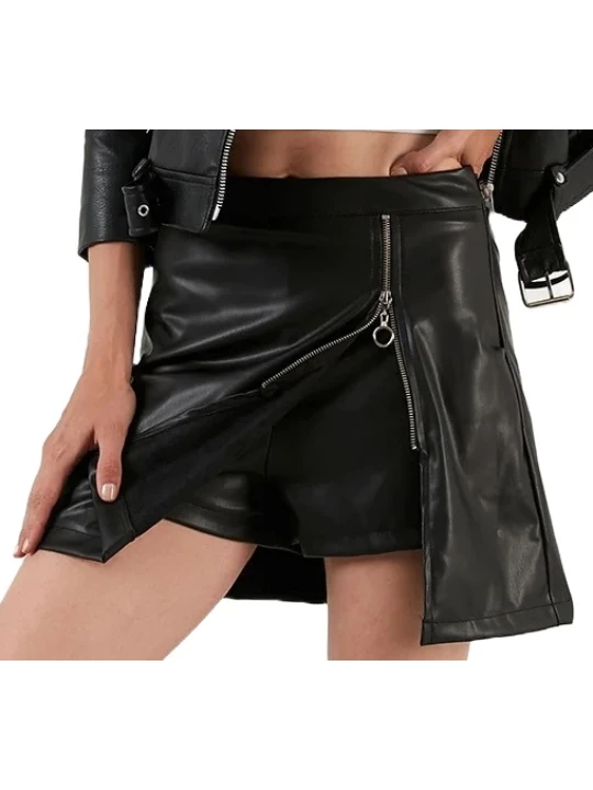 Women Side Zip Black Leather Skirt