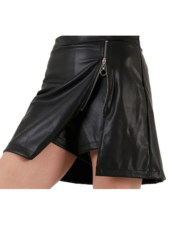 Women Side Zip Black Leather Skirt