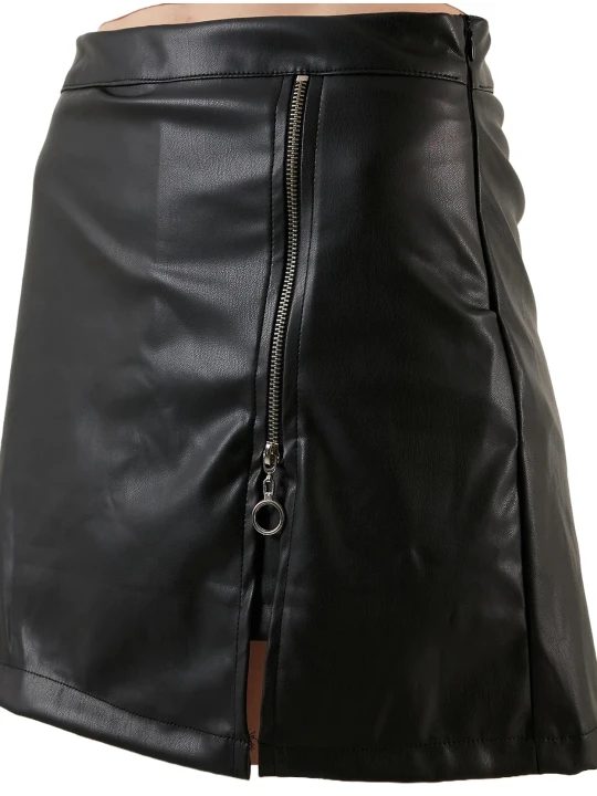 Women Side Zip Black Leather Skirt