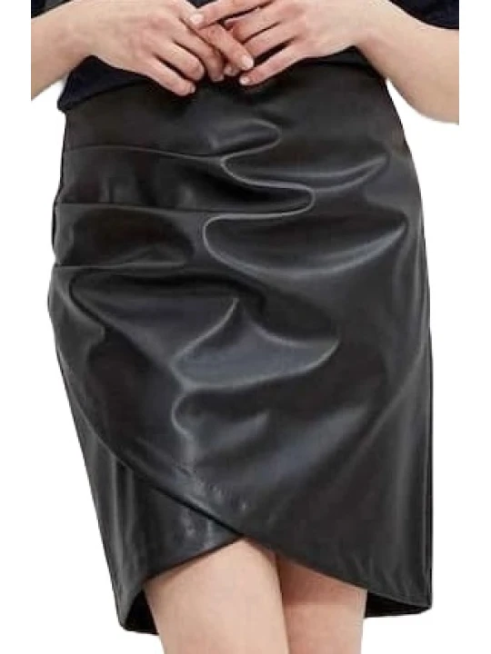 Women Wrap Black Leather Mini Skirt