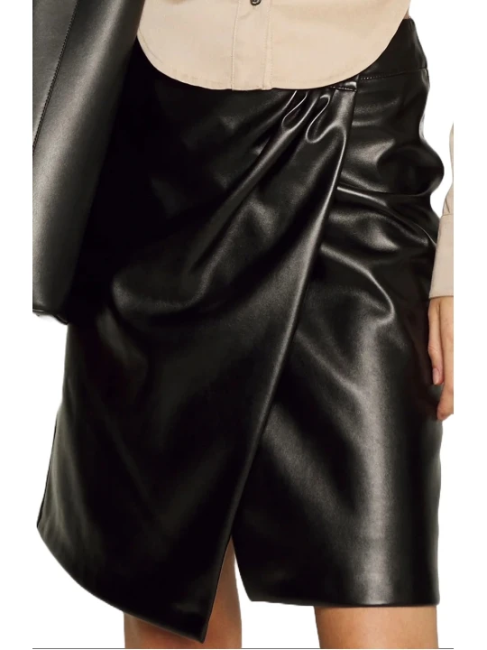 Wraparound Leather Skirt Black
