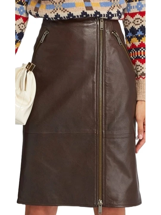 Zip A Line Short Leather Skirt Brown