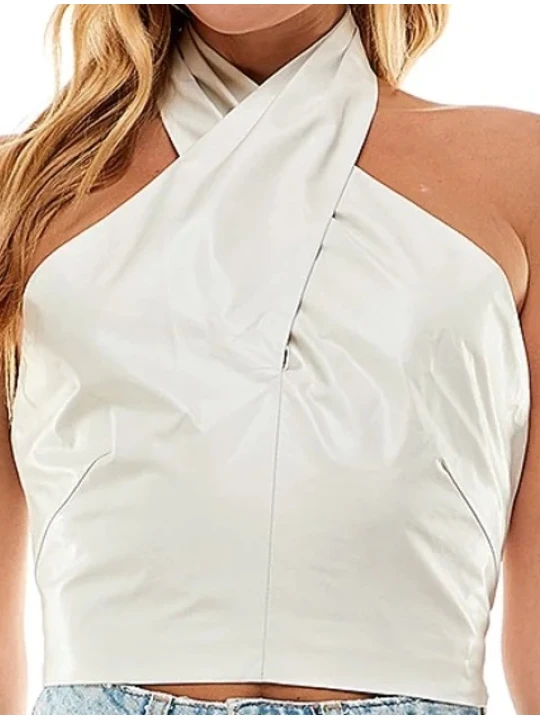 White Halter Neck Leather Top