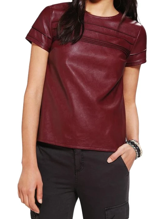 Women Classy Real Lambskin Burgundy Leather Tops