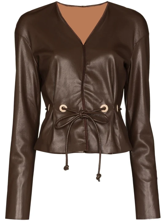 Women Long Sleeve Real Lambskin Brown Leather Tops