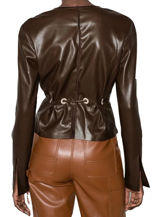 Women Long Sleeve Real Lambskin Brown Leather Tops